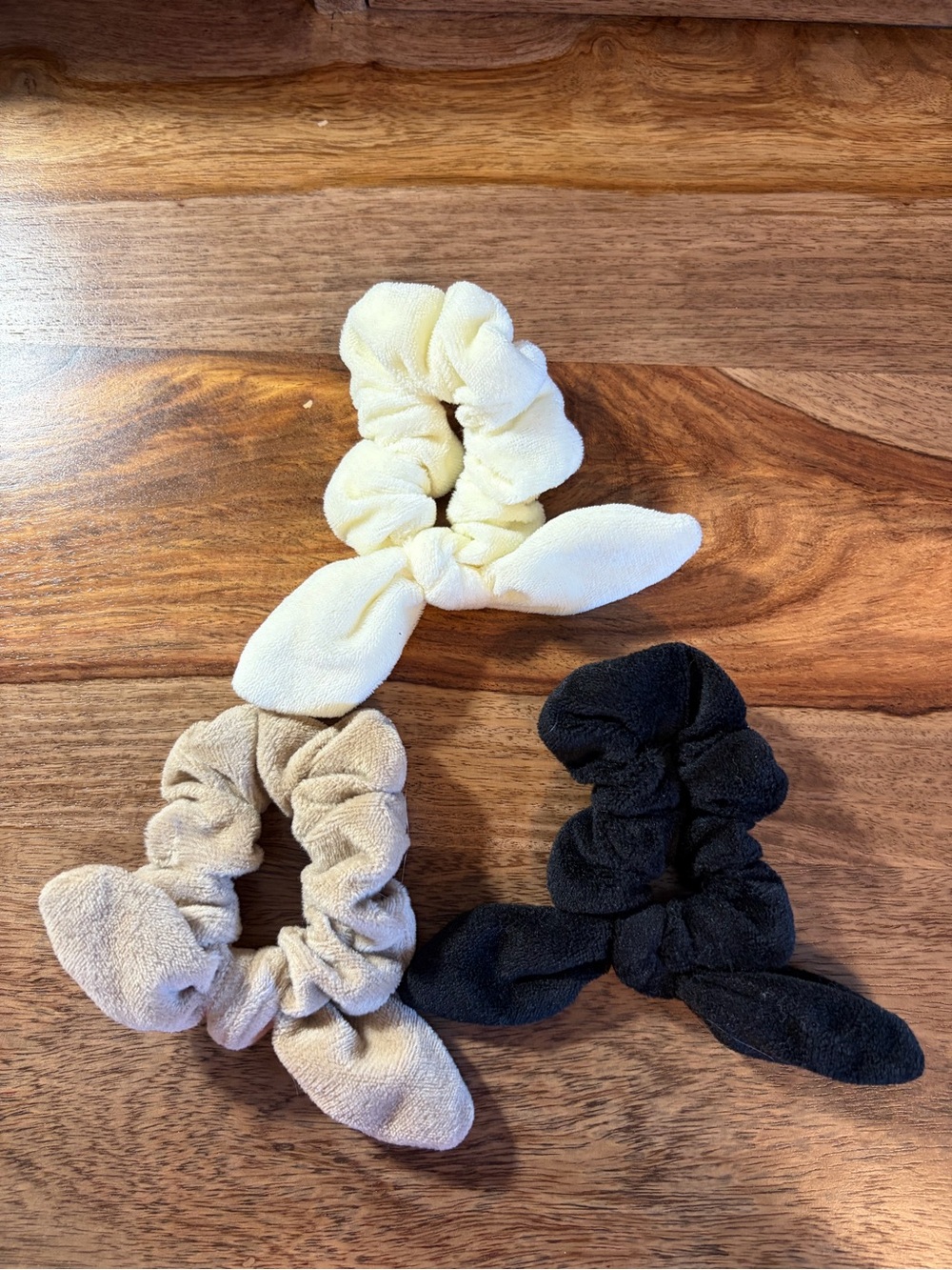 Set of 3 Terry Cloth Bow Scrunchies — Cream, Beige, Black